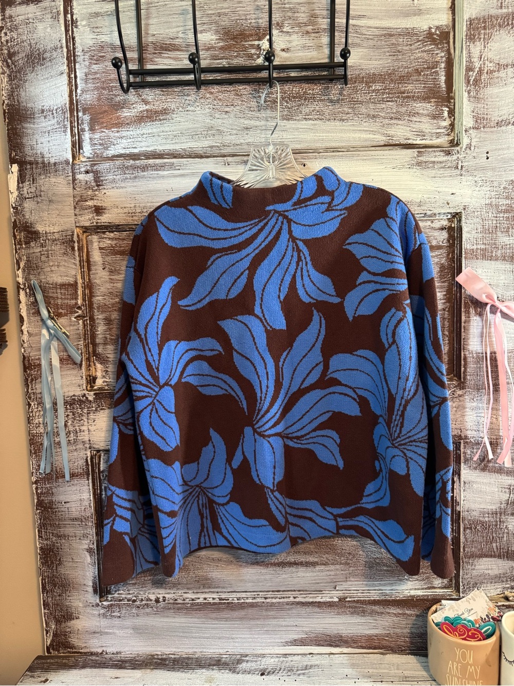 Ann Taylor Brown Crewneck Sweater with Blue Floral Jacquard